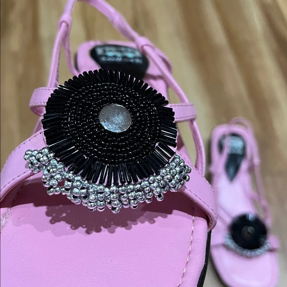 jamie sadock Pink Slingback Sandals with Black Beaded Medallions